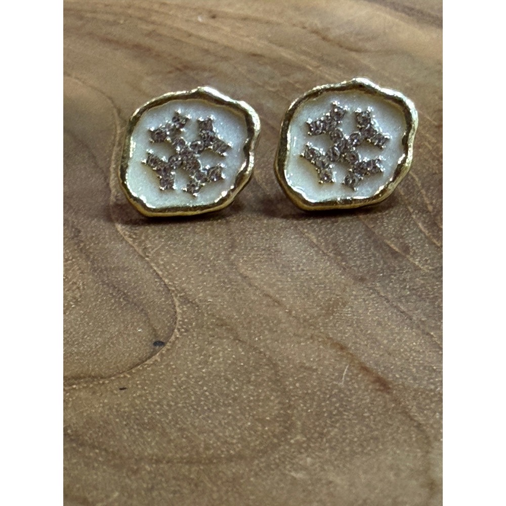 White Enamel Gold Double T Crystal Stud Earrings Logo Jewelry NEW